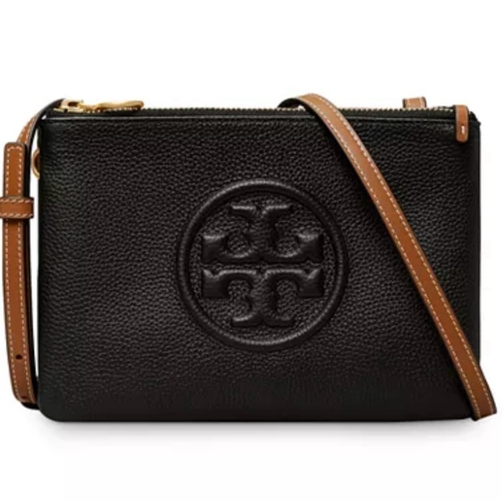 Tory Burch Perry Bombe Double Zip Crossbody in Black/Tan
